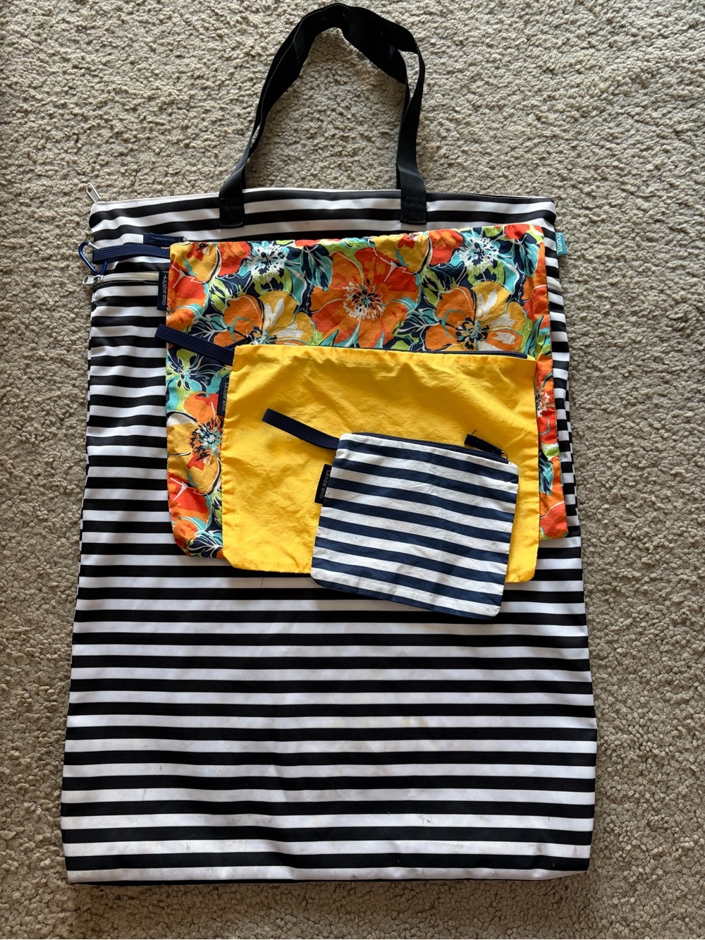 Lands' End Black & White Striped Tote with Yellow Floral Pocket